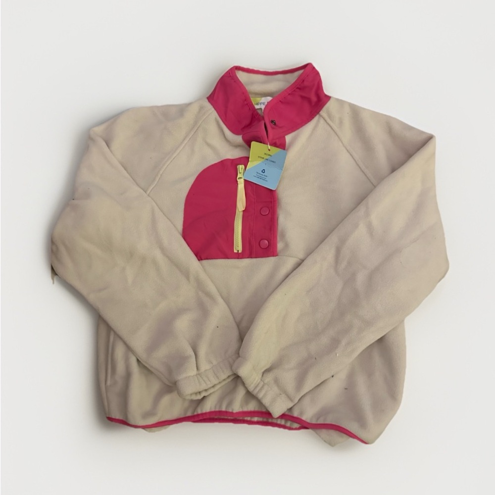 Juniors Size Large Beige and Pink Quarter Zip Fleece
